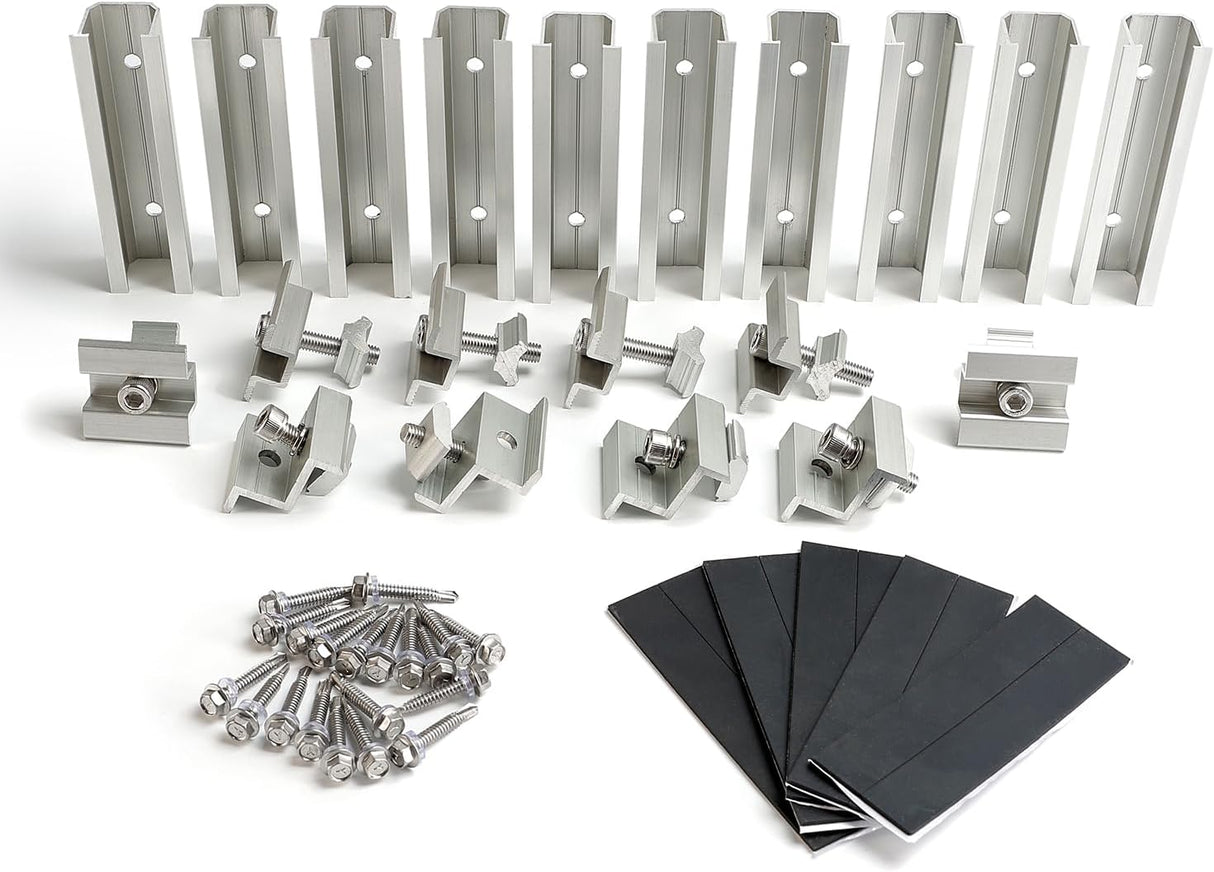 10 piece solar panel mini rail mounting kit with aluminum rails, clamps, EPDM rubber pads, and stainless steel self-tapping screws.