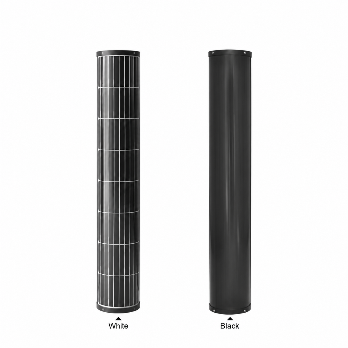 Cylindrical glass solar modules with silver cell outlines and an all-black finish