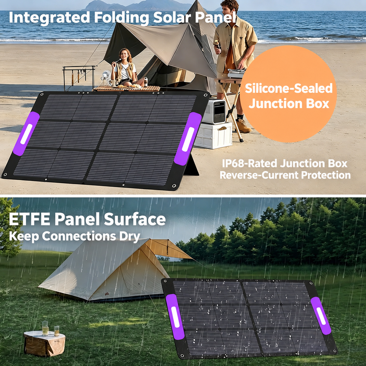 Two-panel solar charger with ETFE surface and silicone-sealed junction-box feature captions