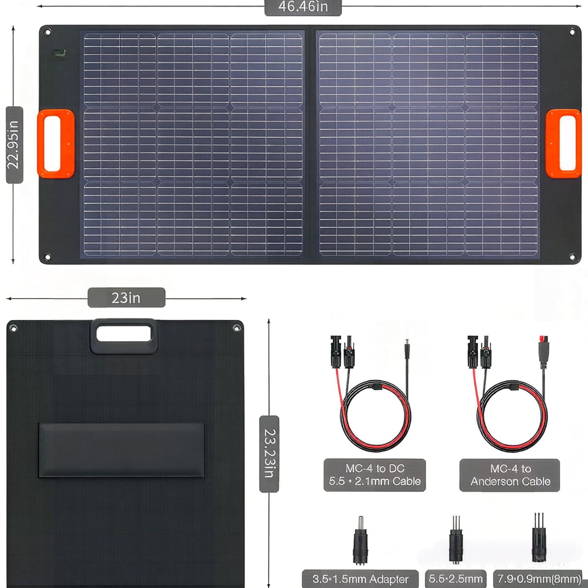 100W two-section solar panel folded and unfolded dimensions with connection leads