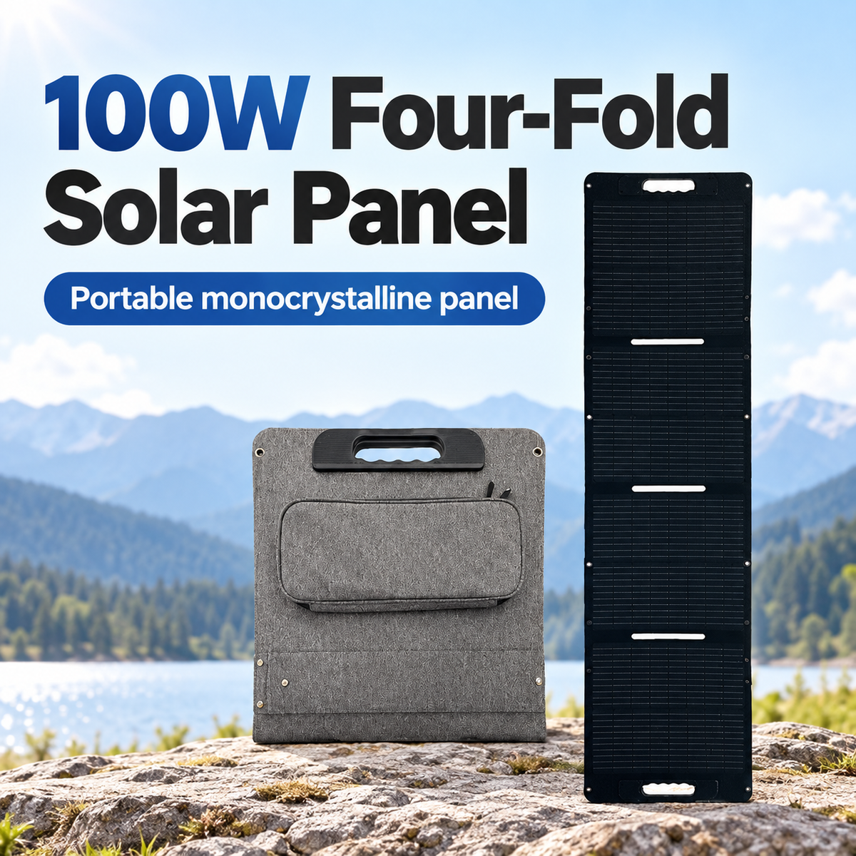 100W four-fold monocrystalline solar panel and gray case with English heading