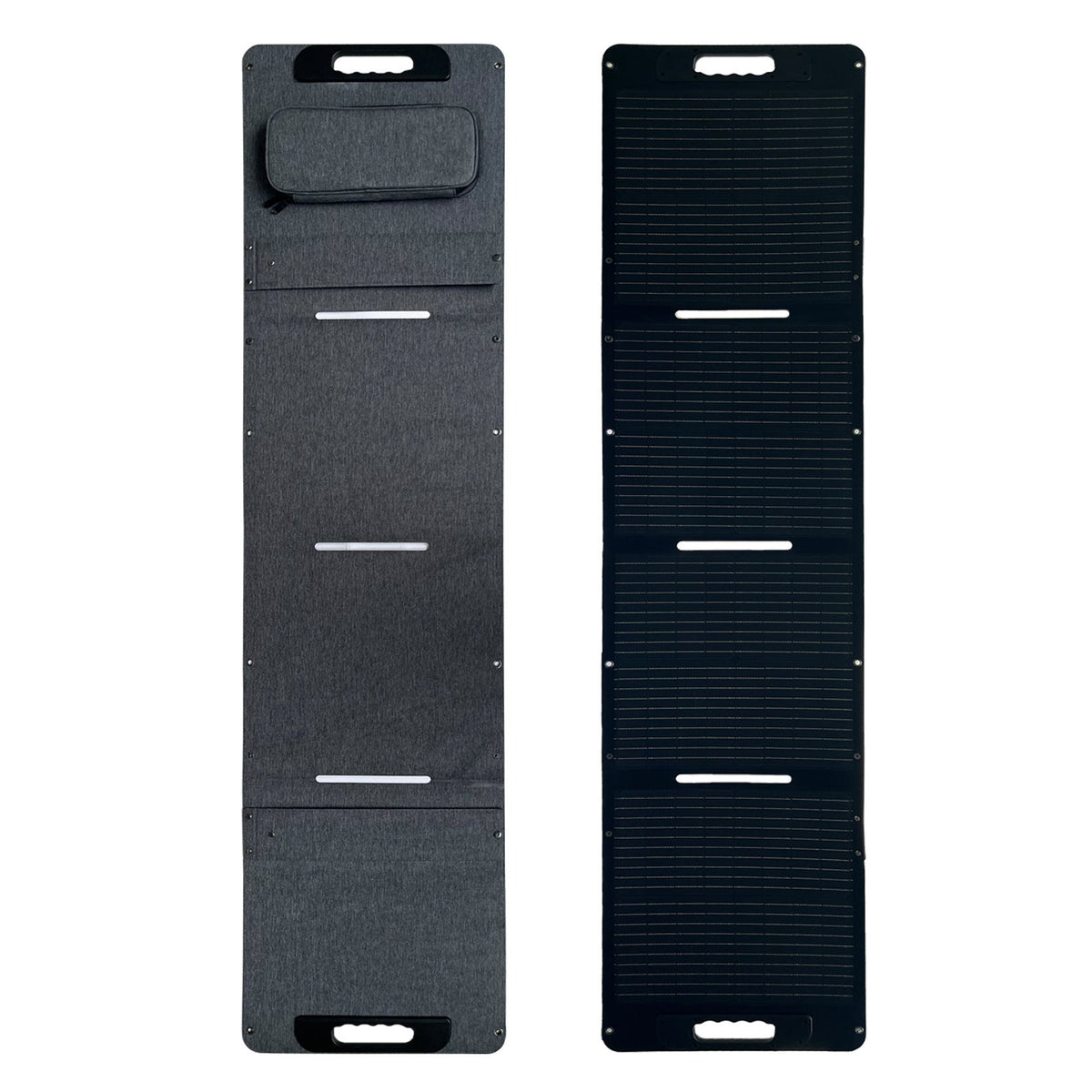 Front and rear views of the 100W four-section folding solar panel