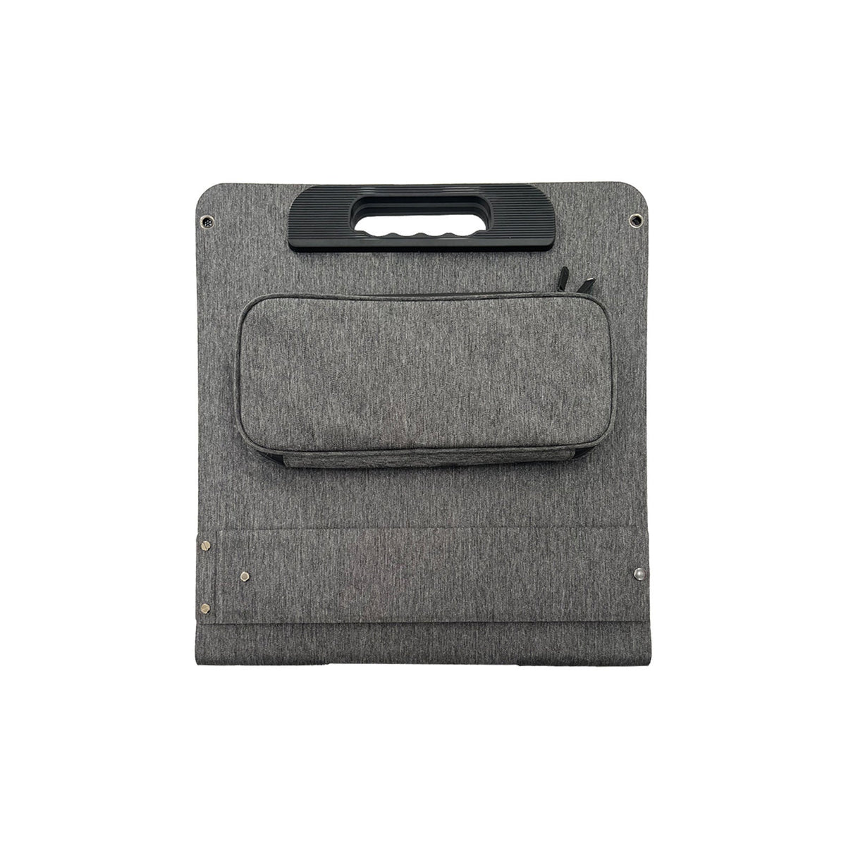Folded gray solar panel case with integrated handle and pouch