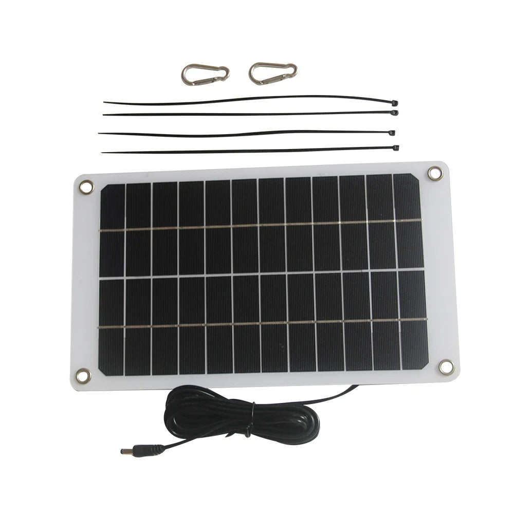 Solar panel with two carabiners and four cable ties
