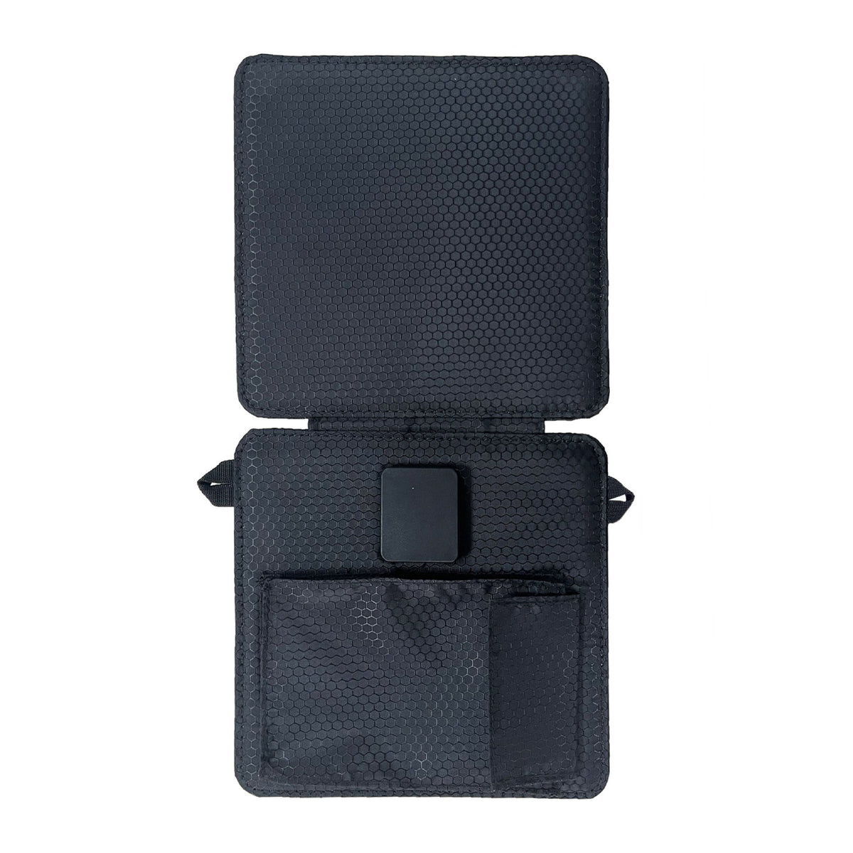 Folded 10W solar charger with its black fabric rear pouch