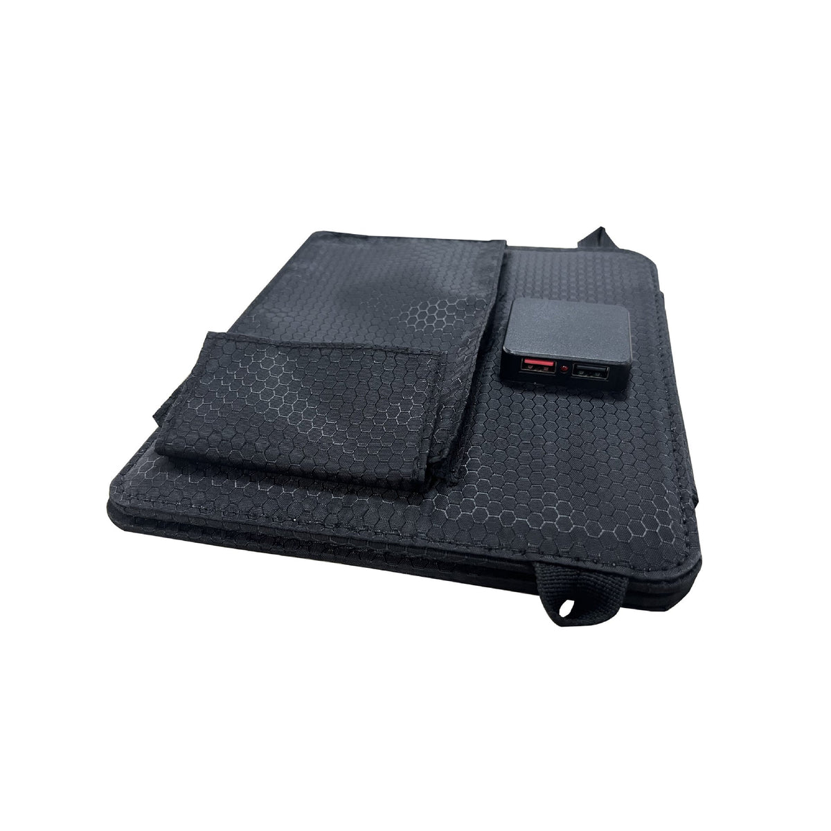 Two-section 10W solar charger with black fabric backing and rear pouch