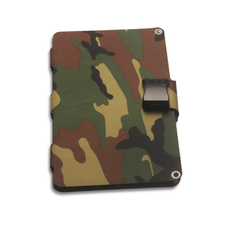 Camouflage charger folded and secured with strap; metal eyelets on corners.