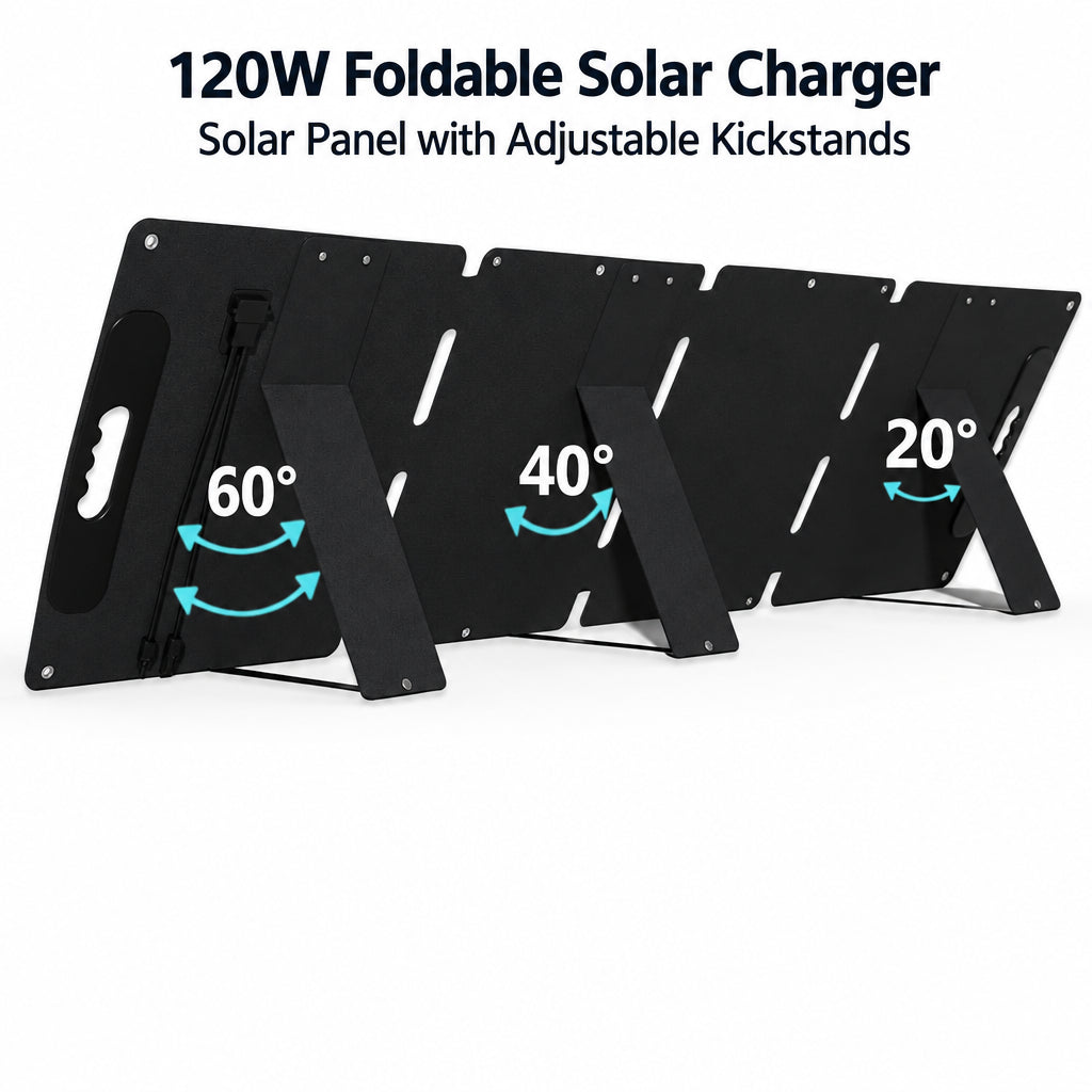 Rear kickstands on 120W four-fold solar panel at illustrated angles
