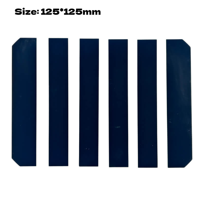 125×125 mm SunPower cell cut into six vertical strips, front view.