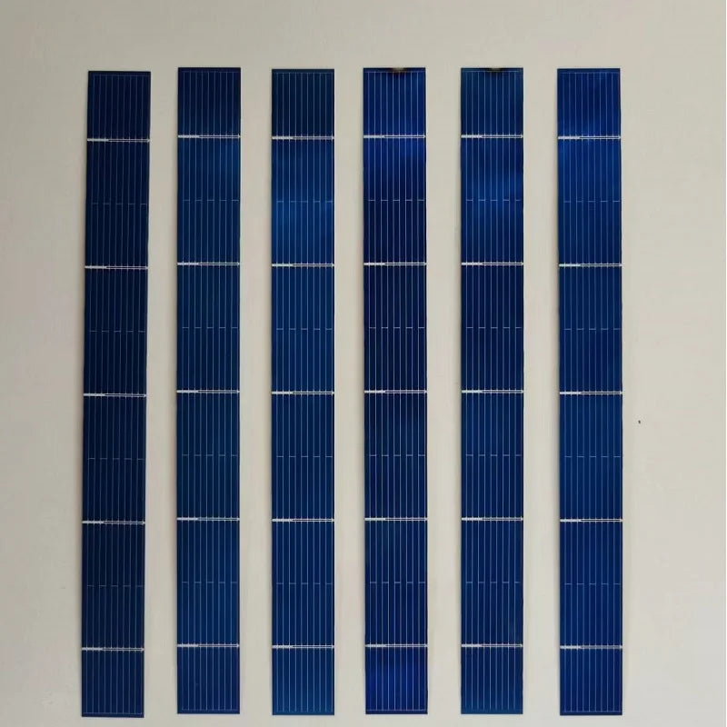 Six 156mm polycrystalline solar cell strips arranged vertically