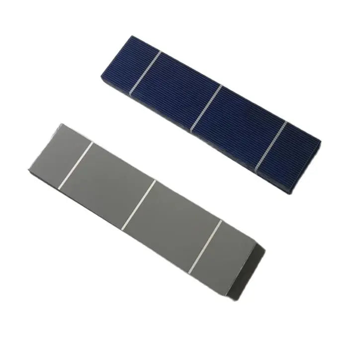 Front and back views of a 156mm x 39mm polycrystalline solar cell