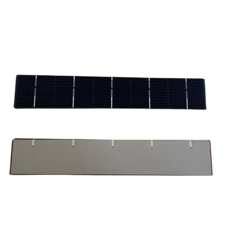 Front and back views of a 157mm x 26mm monocrystalline solar cell