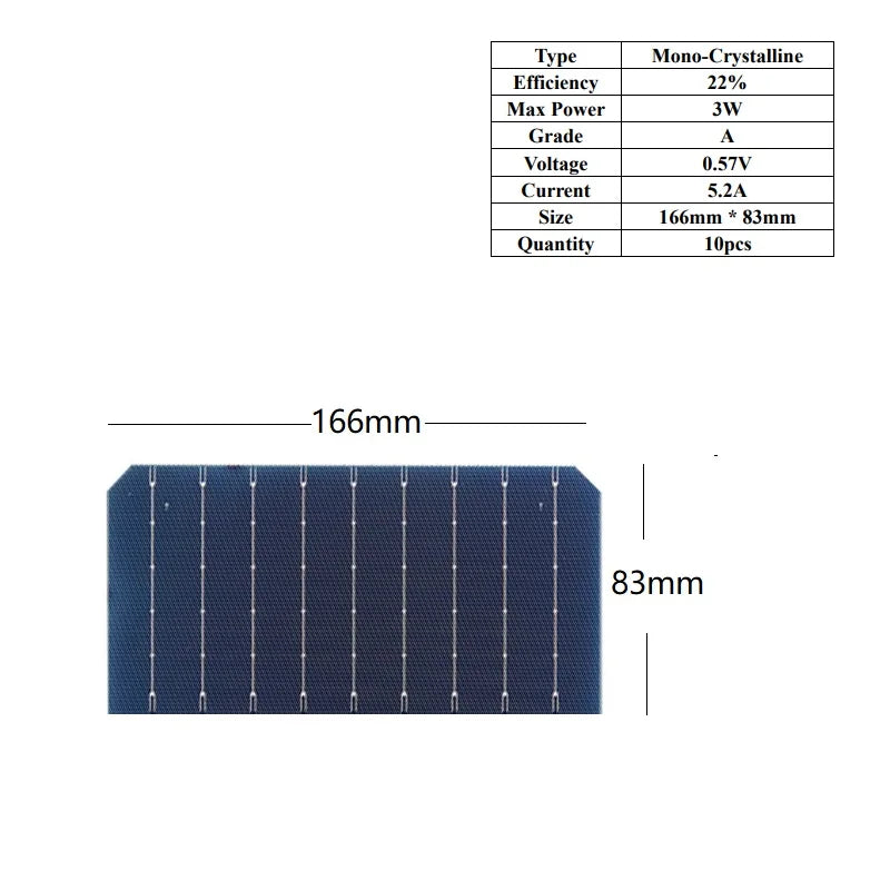 166 x 83mm 3W half-cell dimensions and specifications