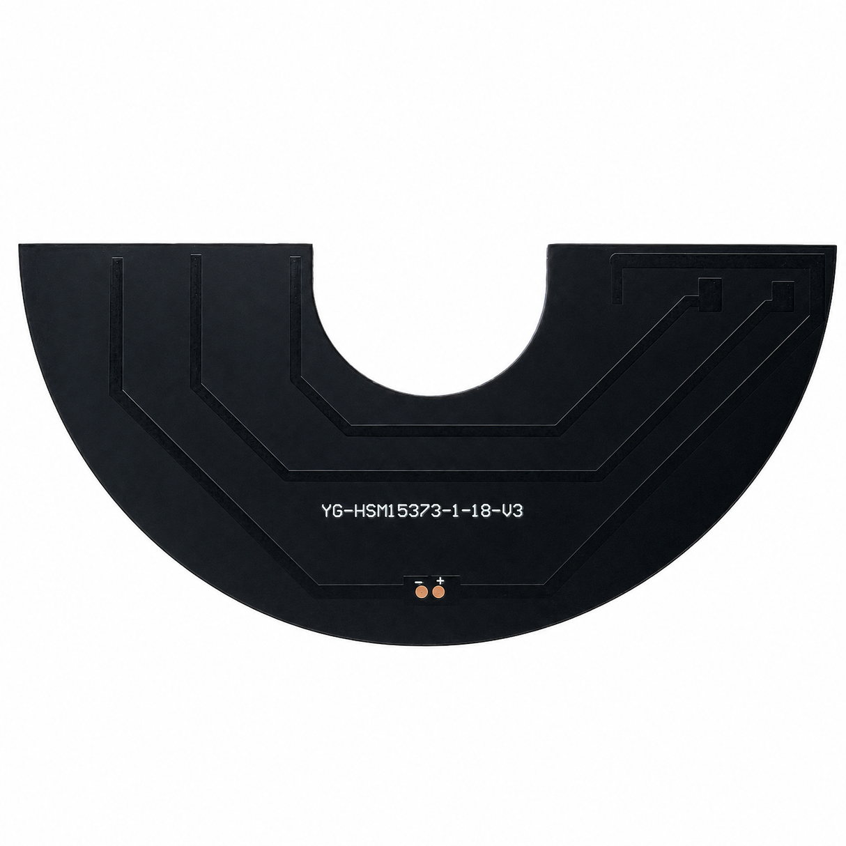 Rear of 1W 18V semicircular mini solar panel with PCB traces and polarity-marked solder pads