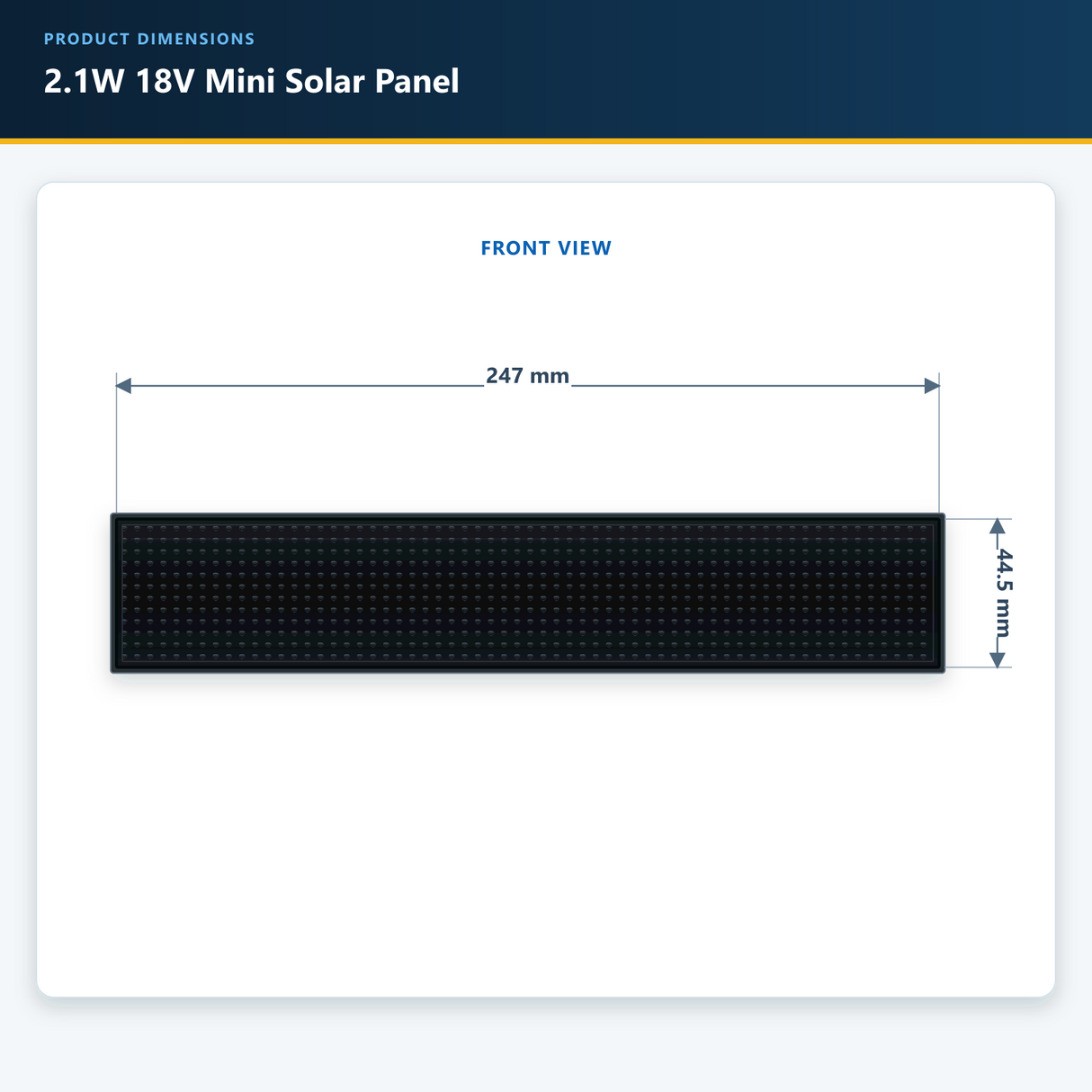2.1W 18V long rectangular mini solar panel dimensions, 247 by 44.5 mm