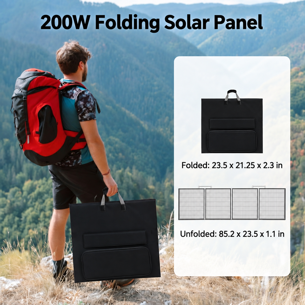 200W panel folded size 23.5 x 21.25 x 2.3in and unfolded size 85.2 x 23.5 x 1.1in