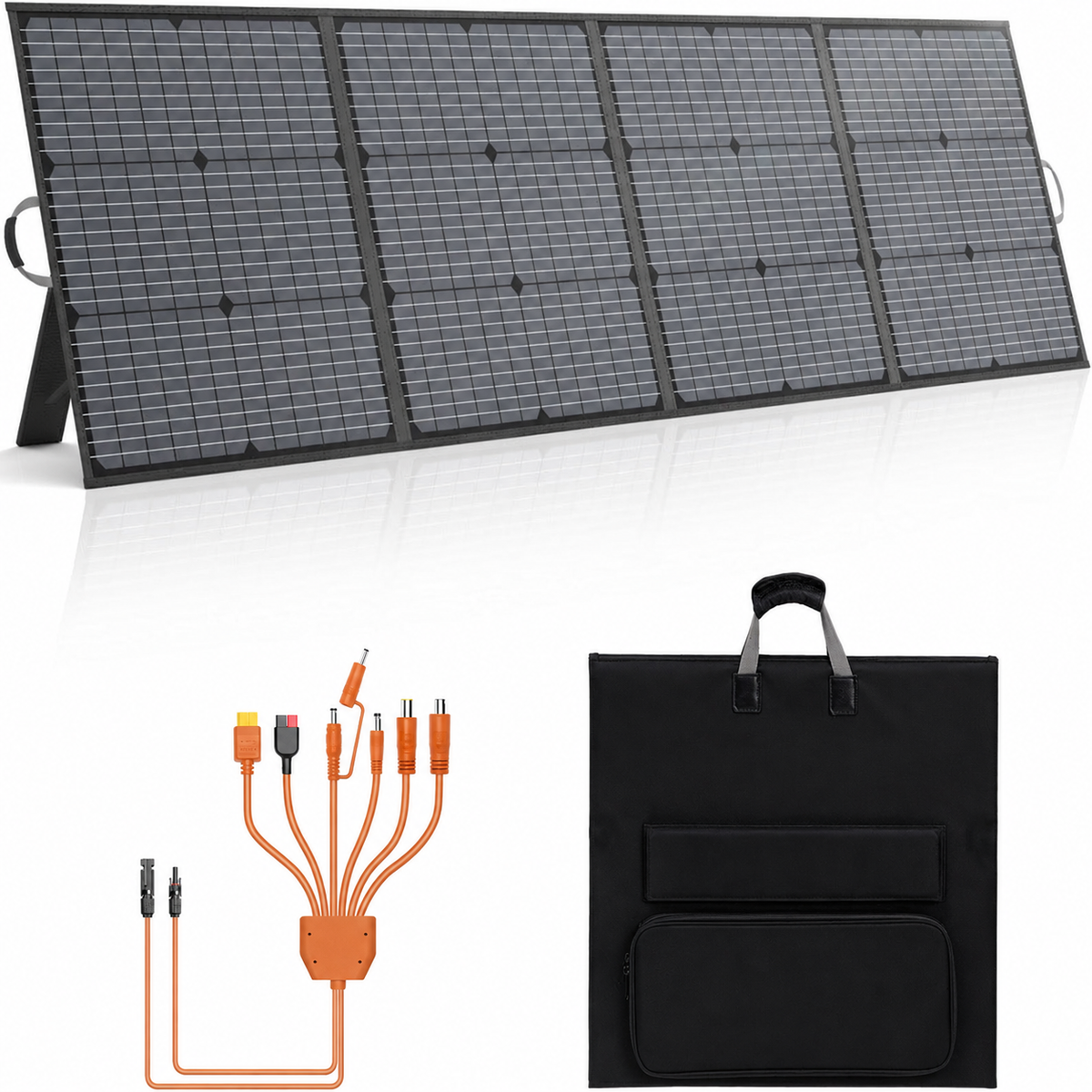 200W four-section fabric folding solar panel beside its carrying pouch and cable choices