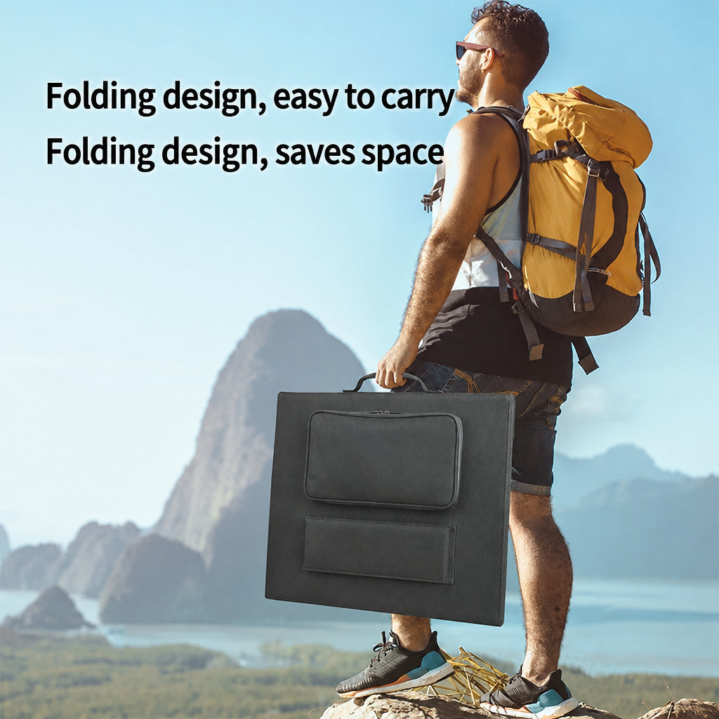 Person carrying folded 200W solar panel in its pouch outdoors