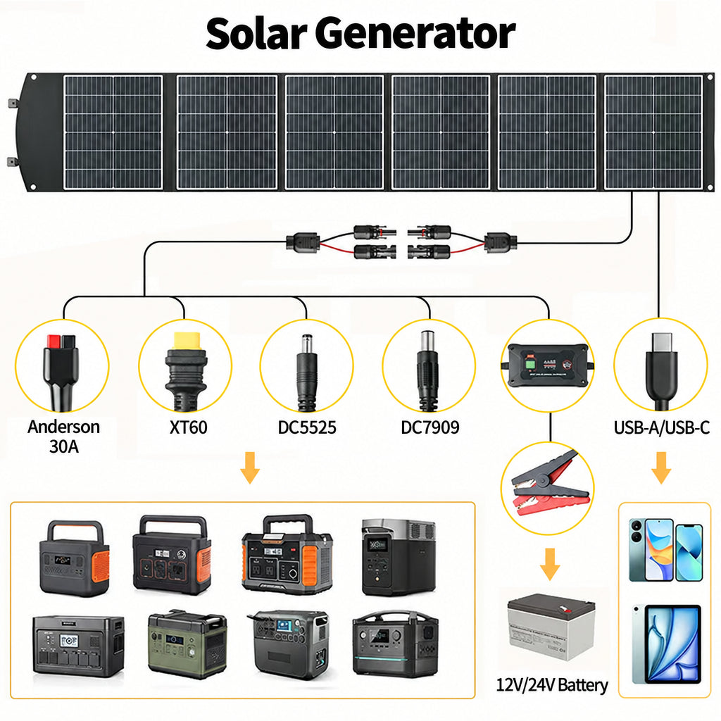200W foldable solar panel output lead and illustrated connector options