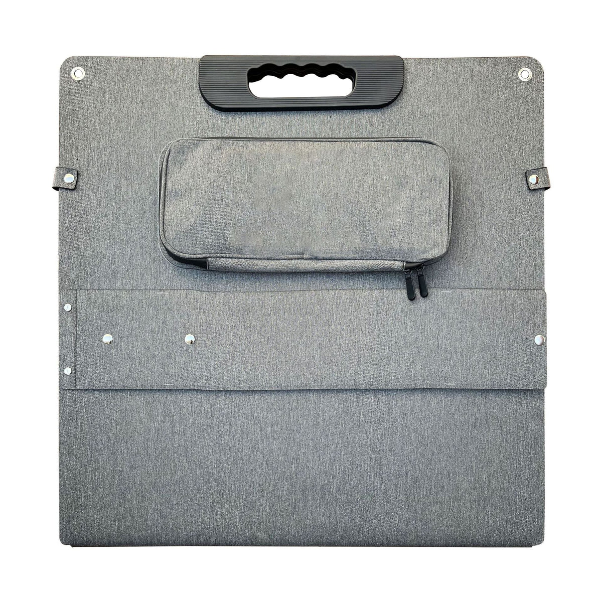 Folded 200W solar panel with grey fabric carry handle and rear zippered pouch