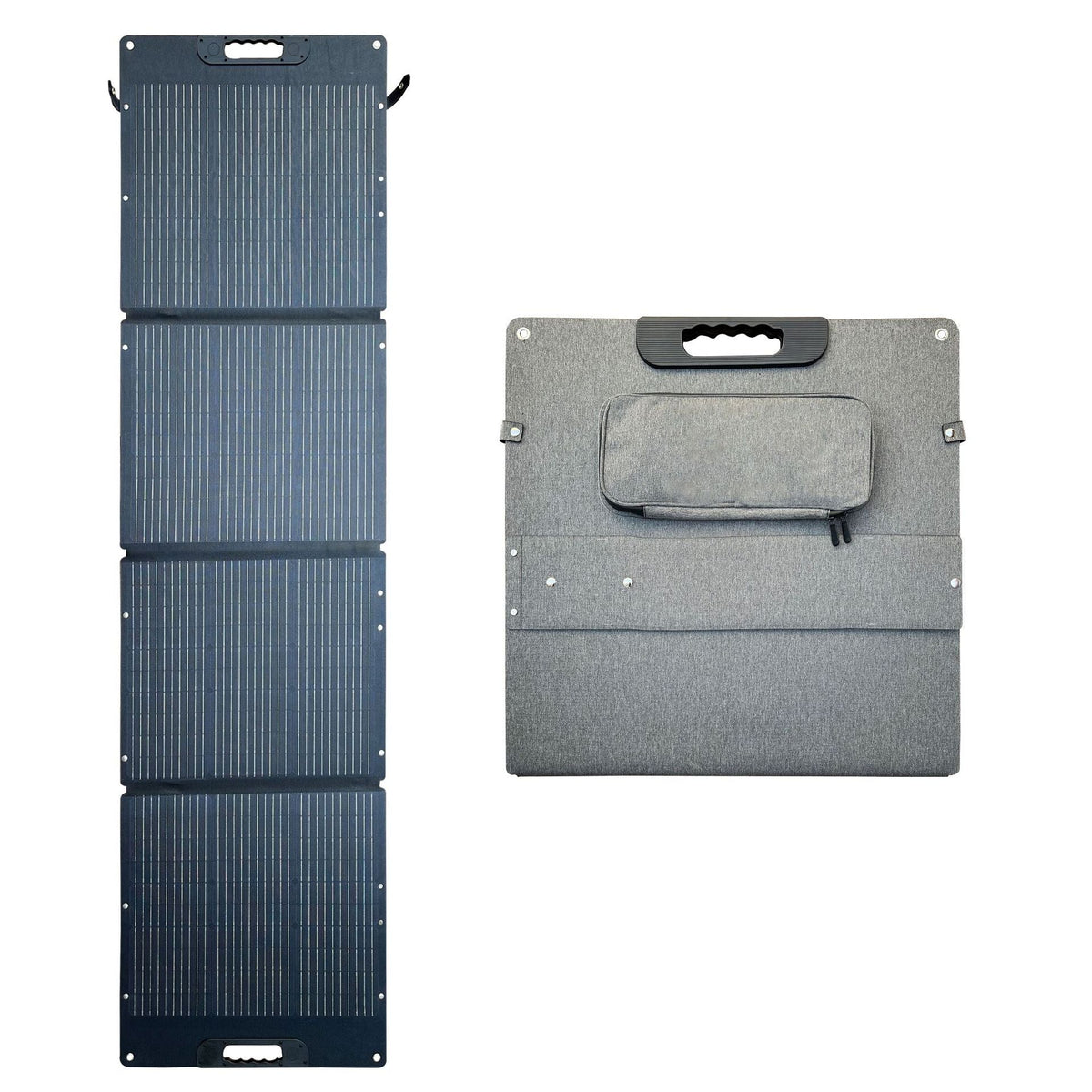 200W folding solar panel in unfolded and folded configurations