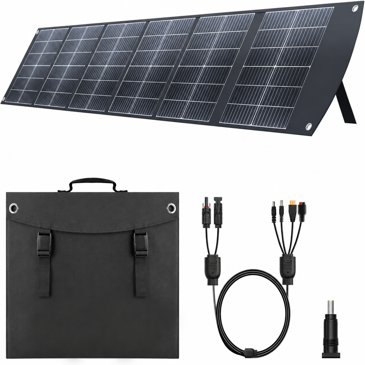 200W six-section foldable solar panel with carrying pouch and output leads