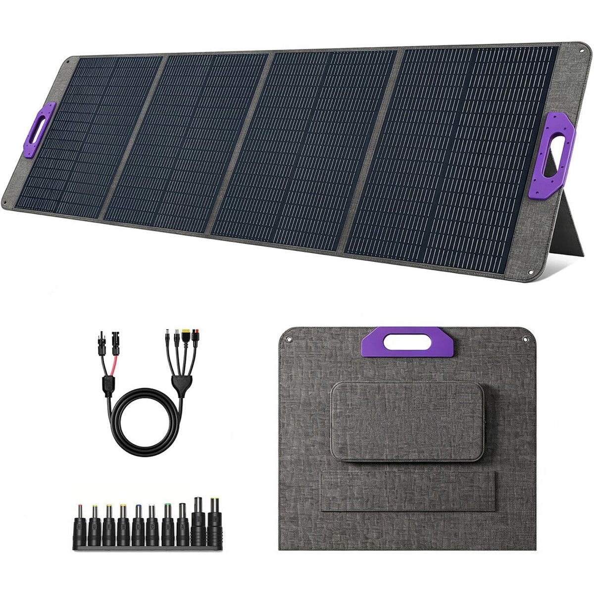 200W four-section solar panel with purple handles, folded format and cable