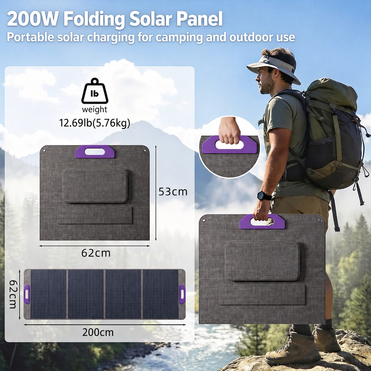 200W solar panel with 62 x 53cm folded size, 200 x 62cm open size and 5.76kg weight