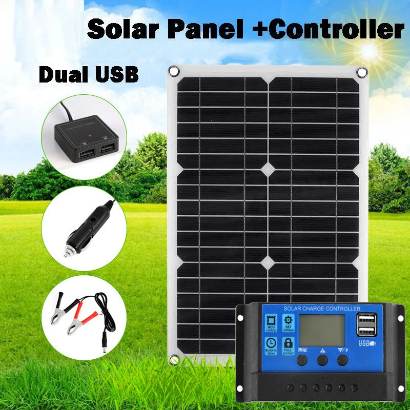 20W solar panel — optional controller kit collage