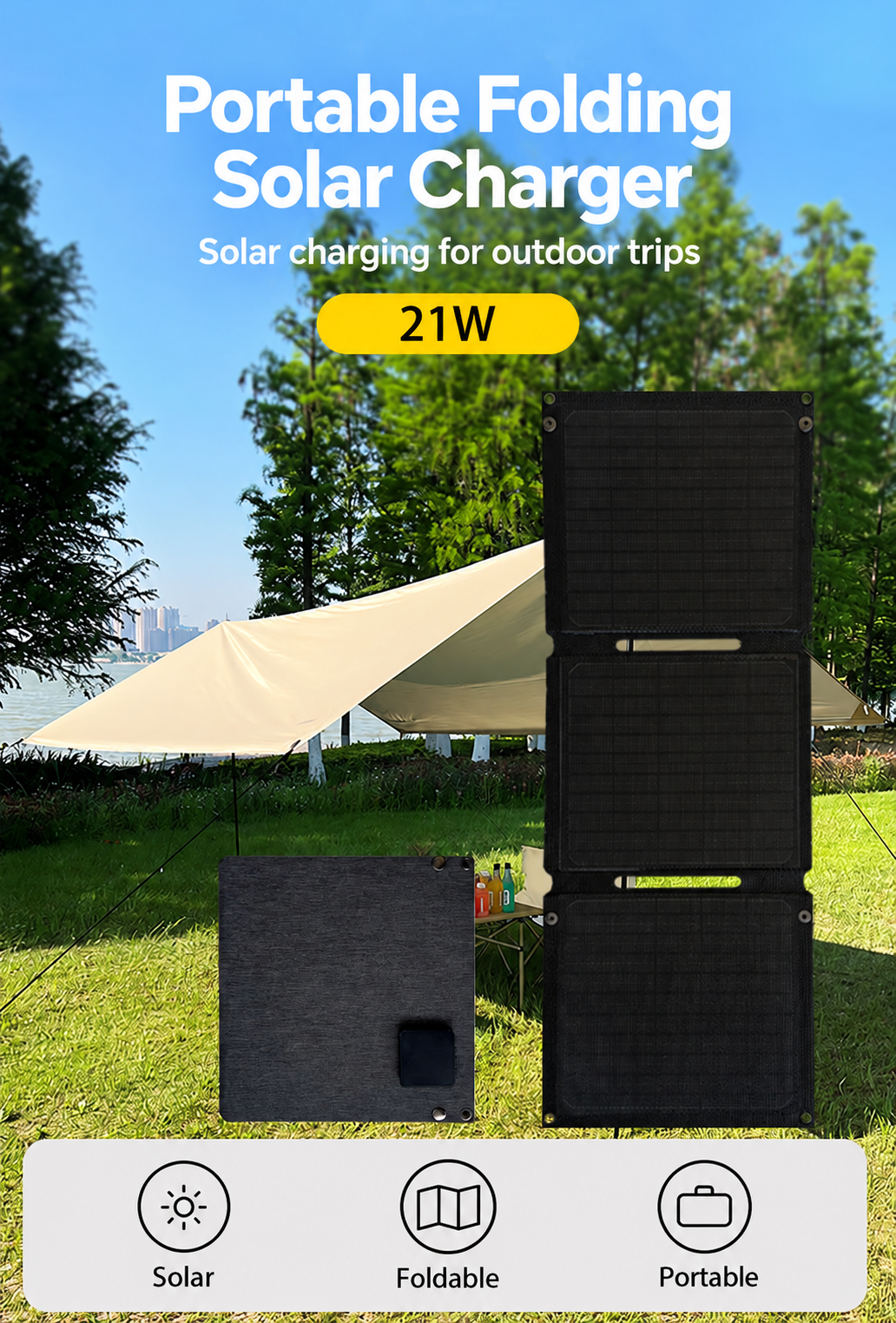 21W three-section folding solar charger in an outdoor camping setting
