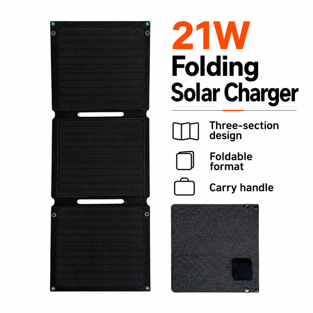 21W folding solar charger with three black panel sections and carry handle