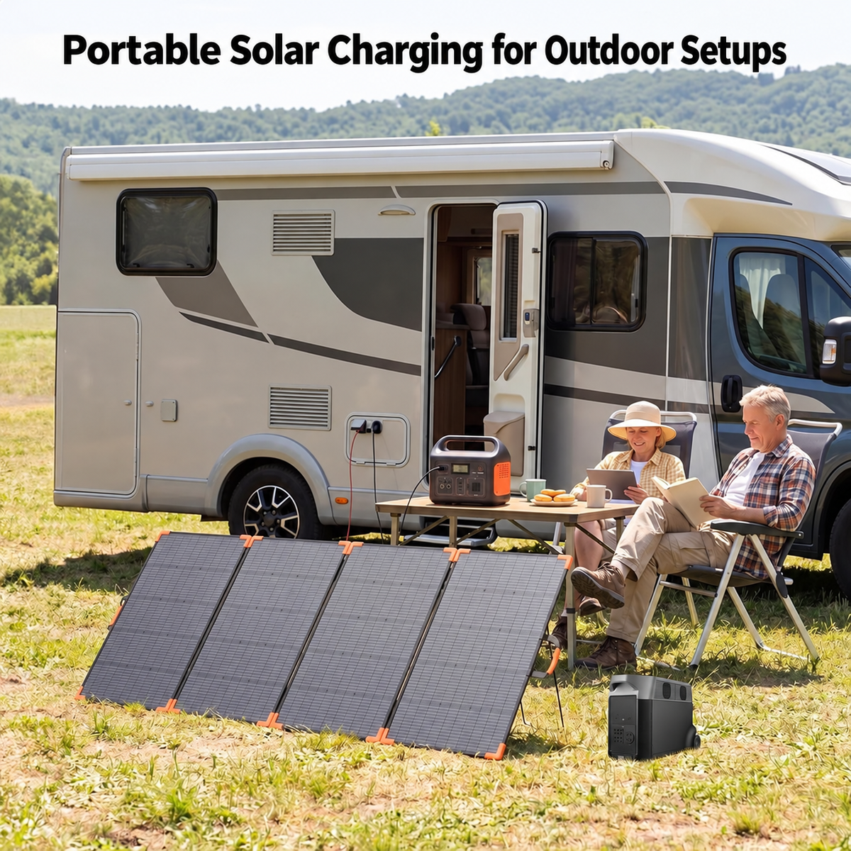 220W four-section solar panel deployed beside an RV for outdoor charging