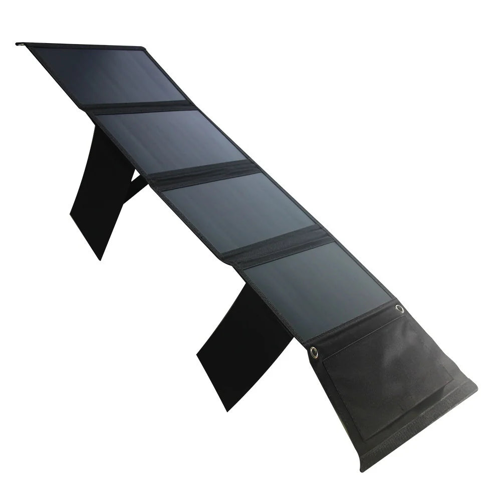 28W foldable solar charger — four-section panel opened