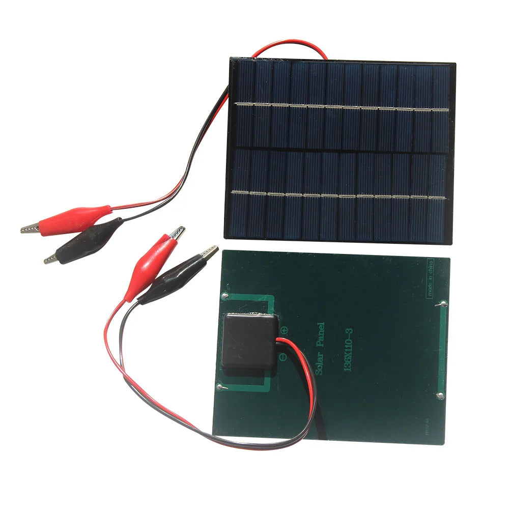 2W solar panel with battery clips — front and rear module