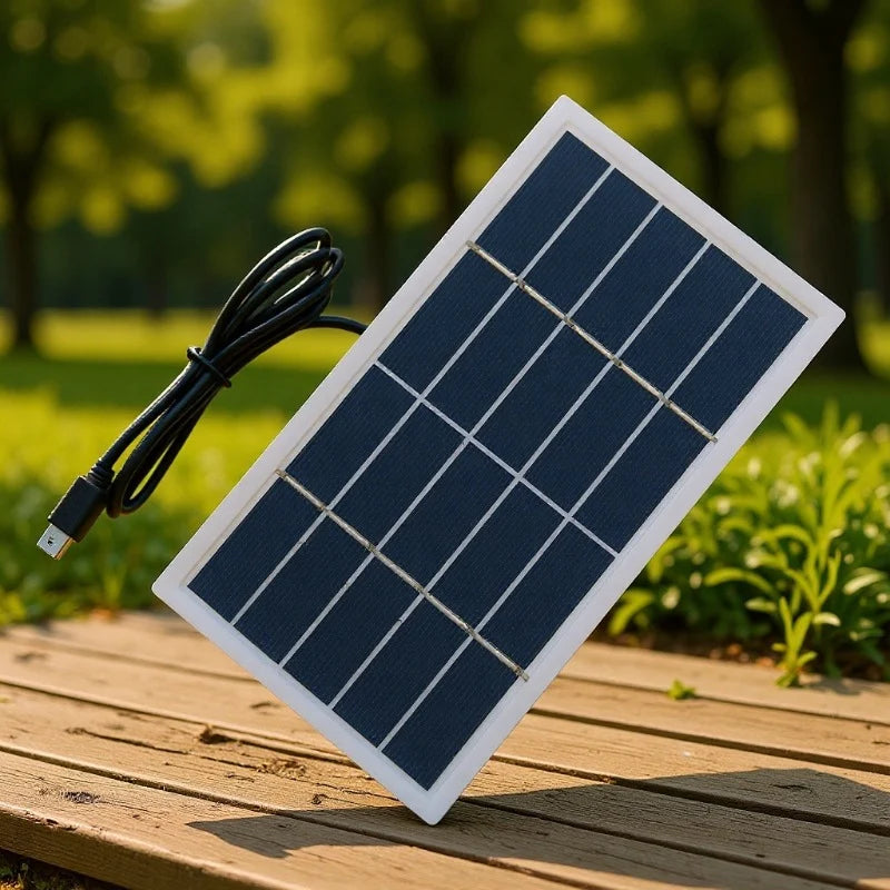 2W solar panel — solar panel with USB-C lead outdoors