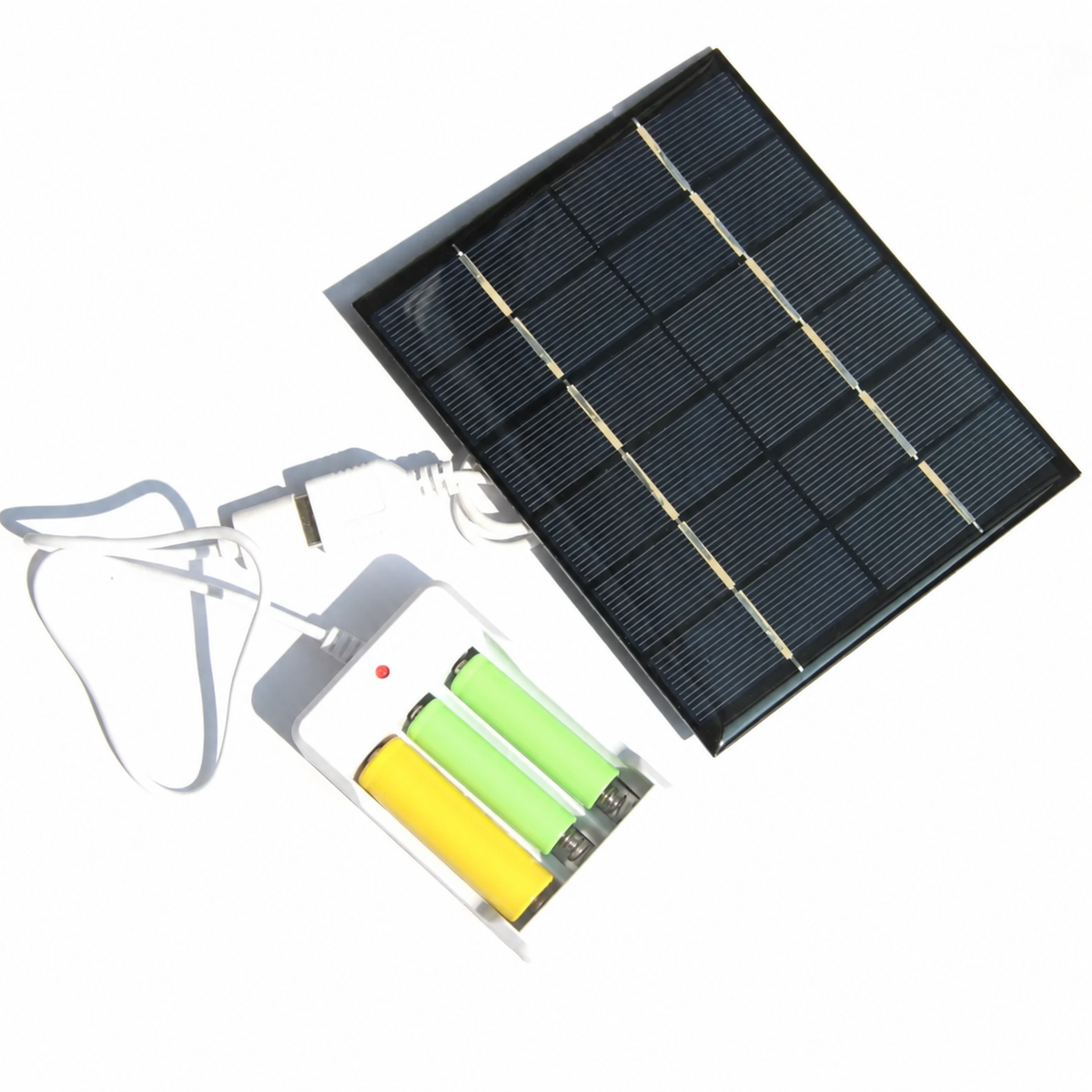 2W solar AA AAA battery charger — mixed-size rechargeable cell demonstration