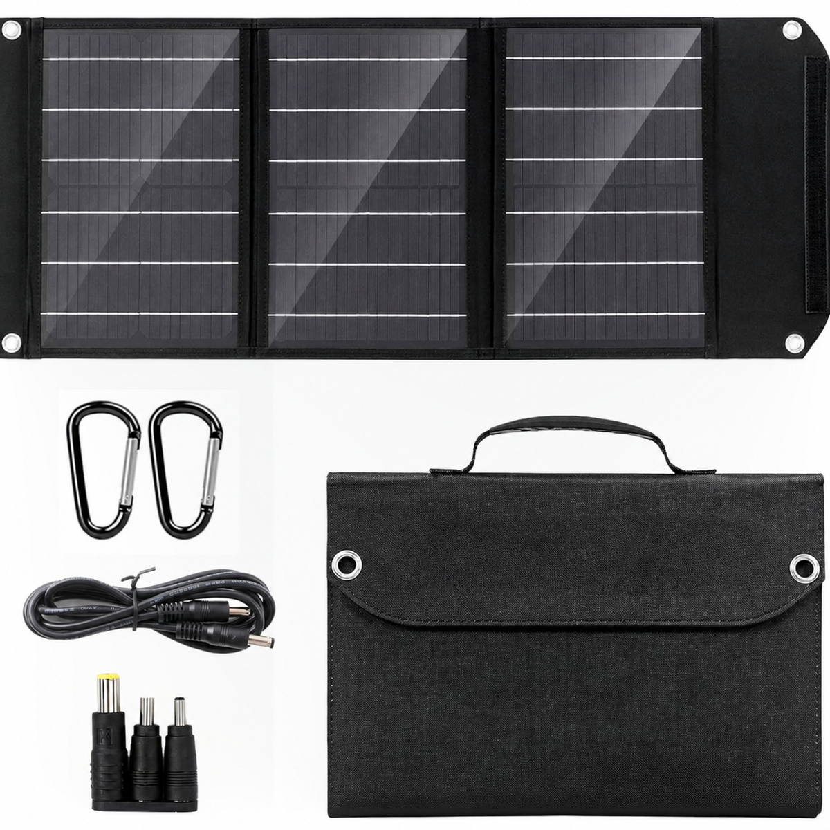 40W three-section solar charger with folded fabric bag, cable, adapter tips and hooks