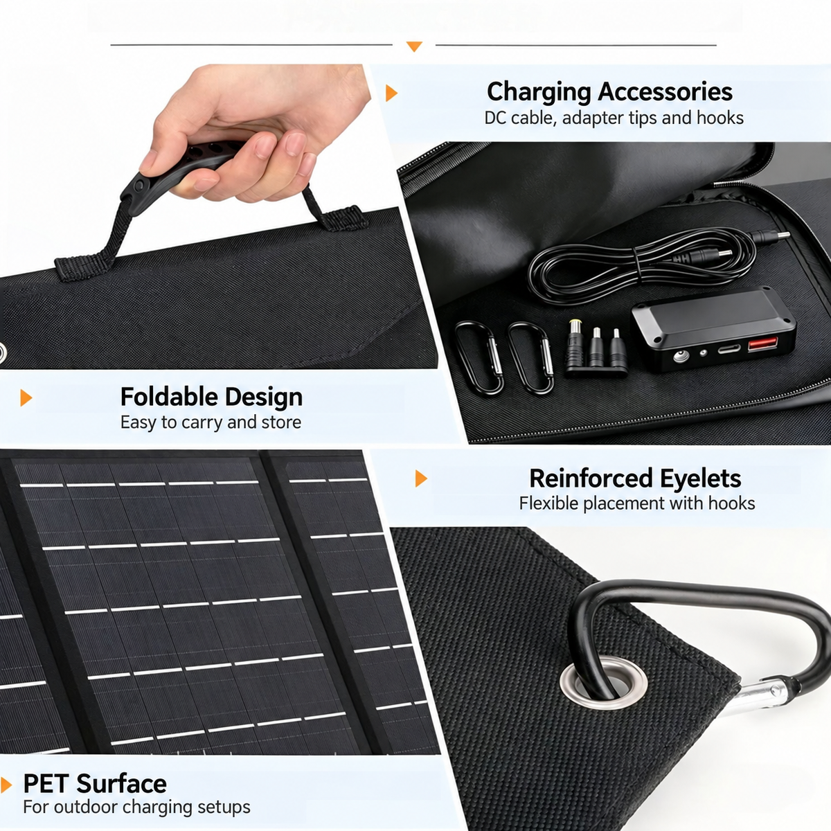 PET surface, carry handle, accessory pocket and reinforced eyelets on the folding solar charger