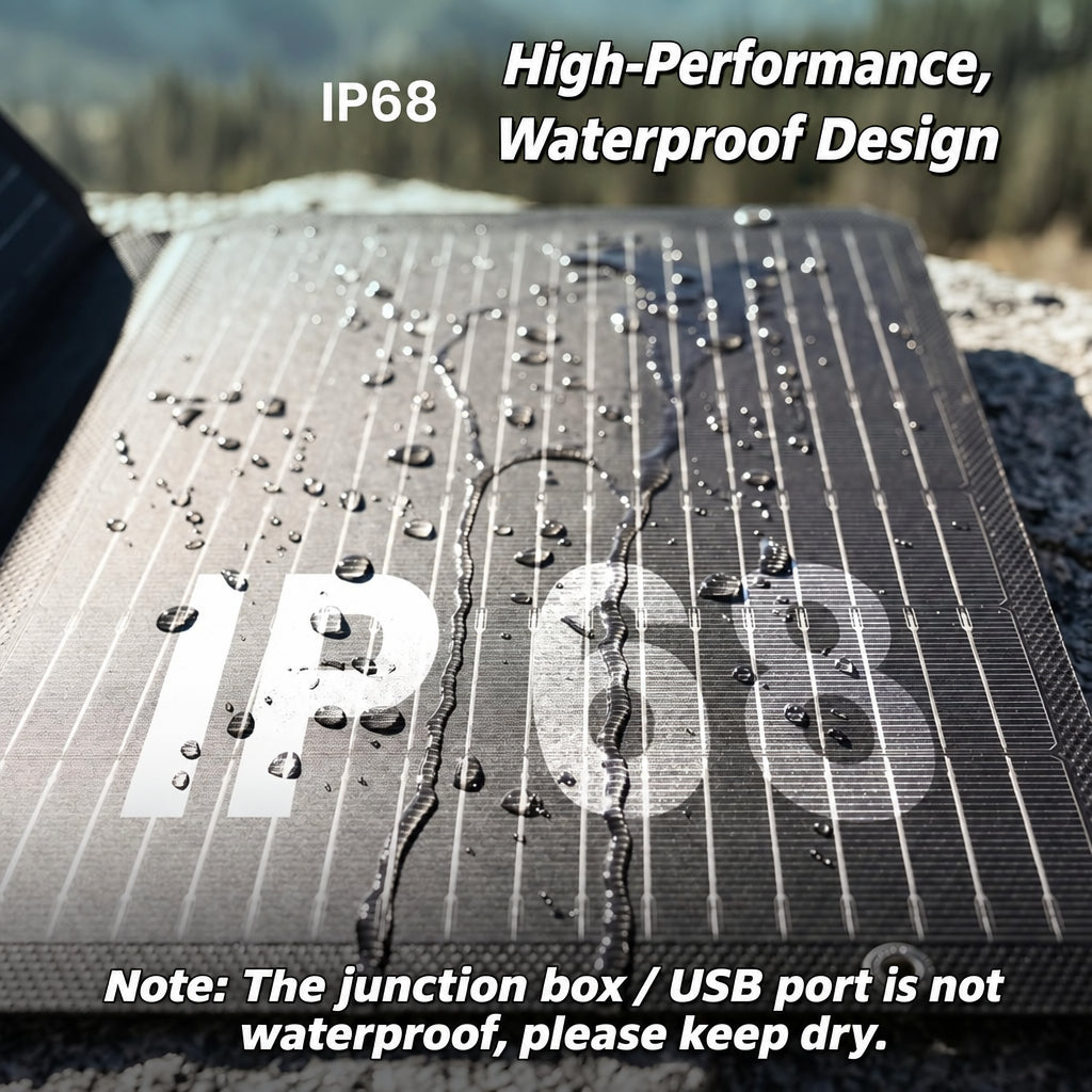 45W foldable solar charger panel in rain with warning to keep USB outlets dry