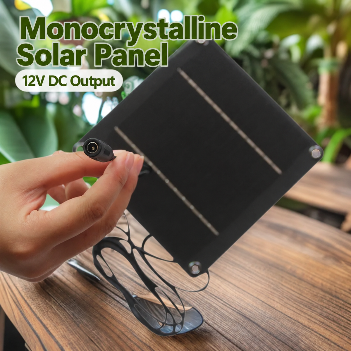4W solar panel — DC socket and panel held in hand