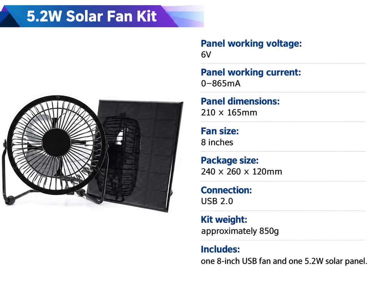 5.2W solar fan kit — English solar fan kit specification diagram