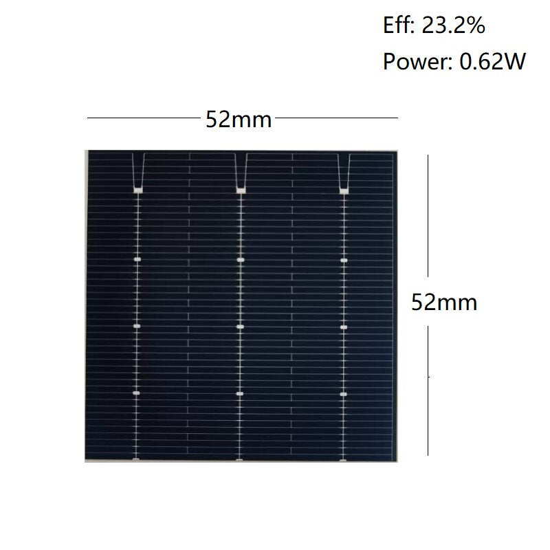 52mm x 52mm bifacial PERC solar cell with 23.2% efficiency and 0.62W power labels