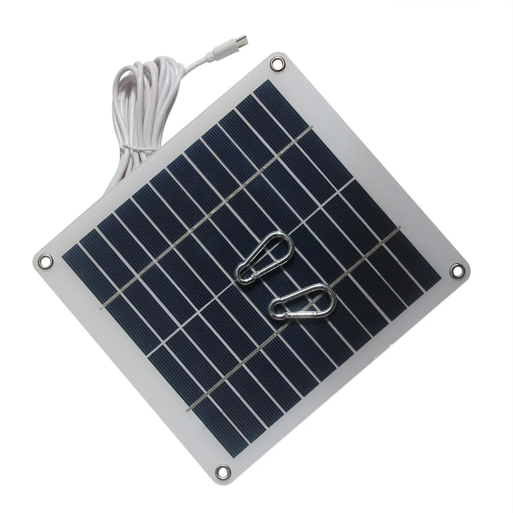 5W USB-C solar panel — panel and two carabiners