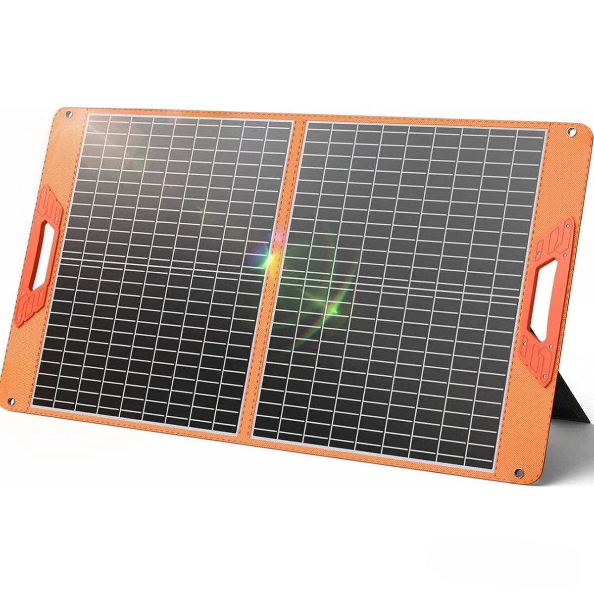 60W folding solar panel with two sections, orange edges and carry handle