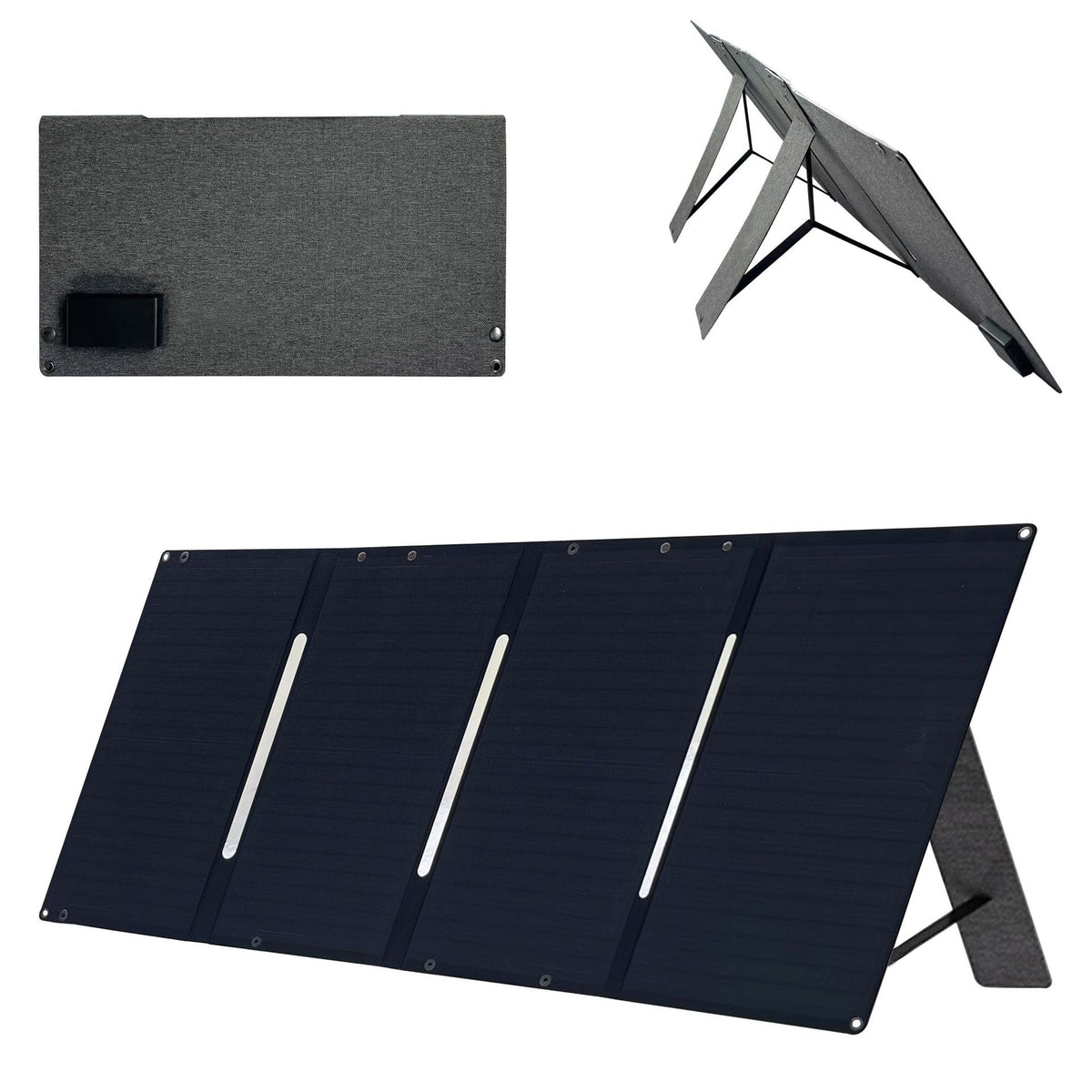 Four-section 60W solar panel supported at an angle by rear stands