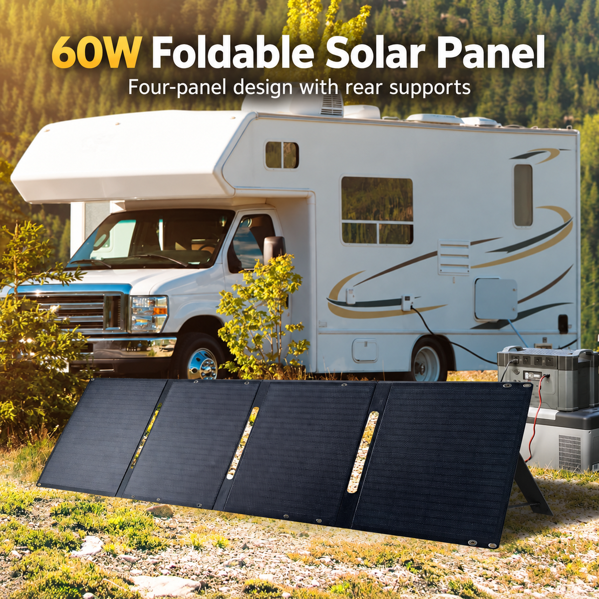 60W four-panel solar array beside an RV with English heading