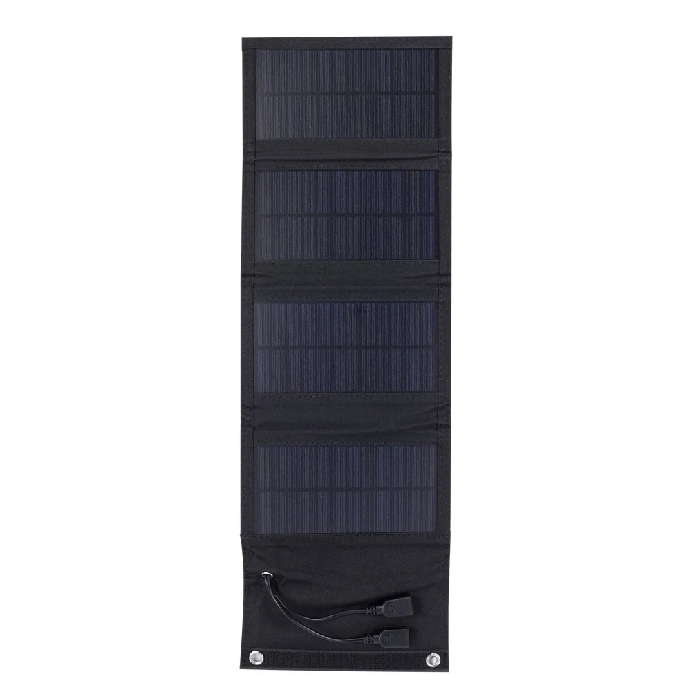 7W foldable solar charger — four-fold panel and dual USB outputs