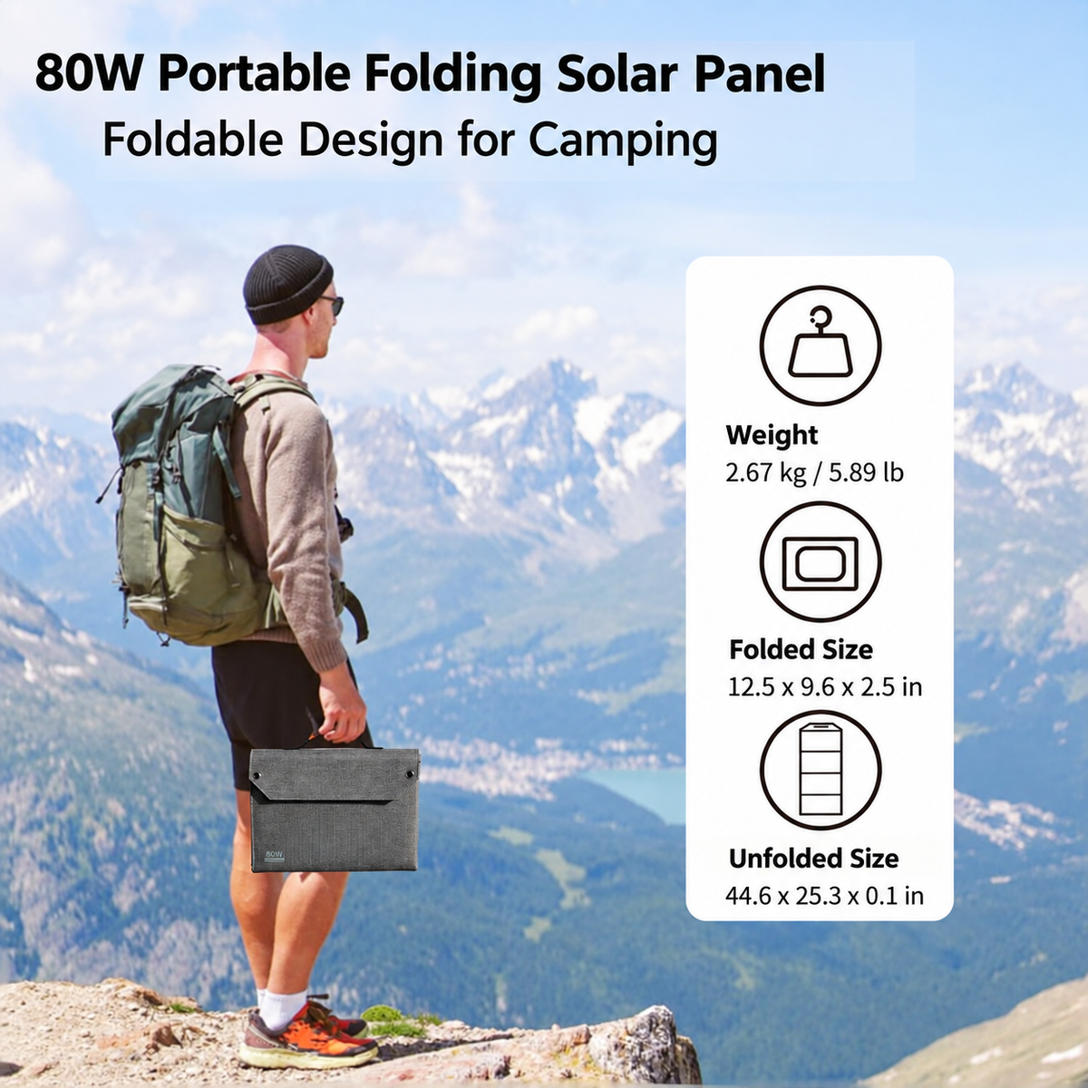 80W foldable solar panel folded and unfolded dimensions with 2.67kg weight