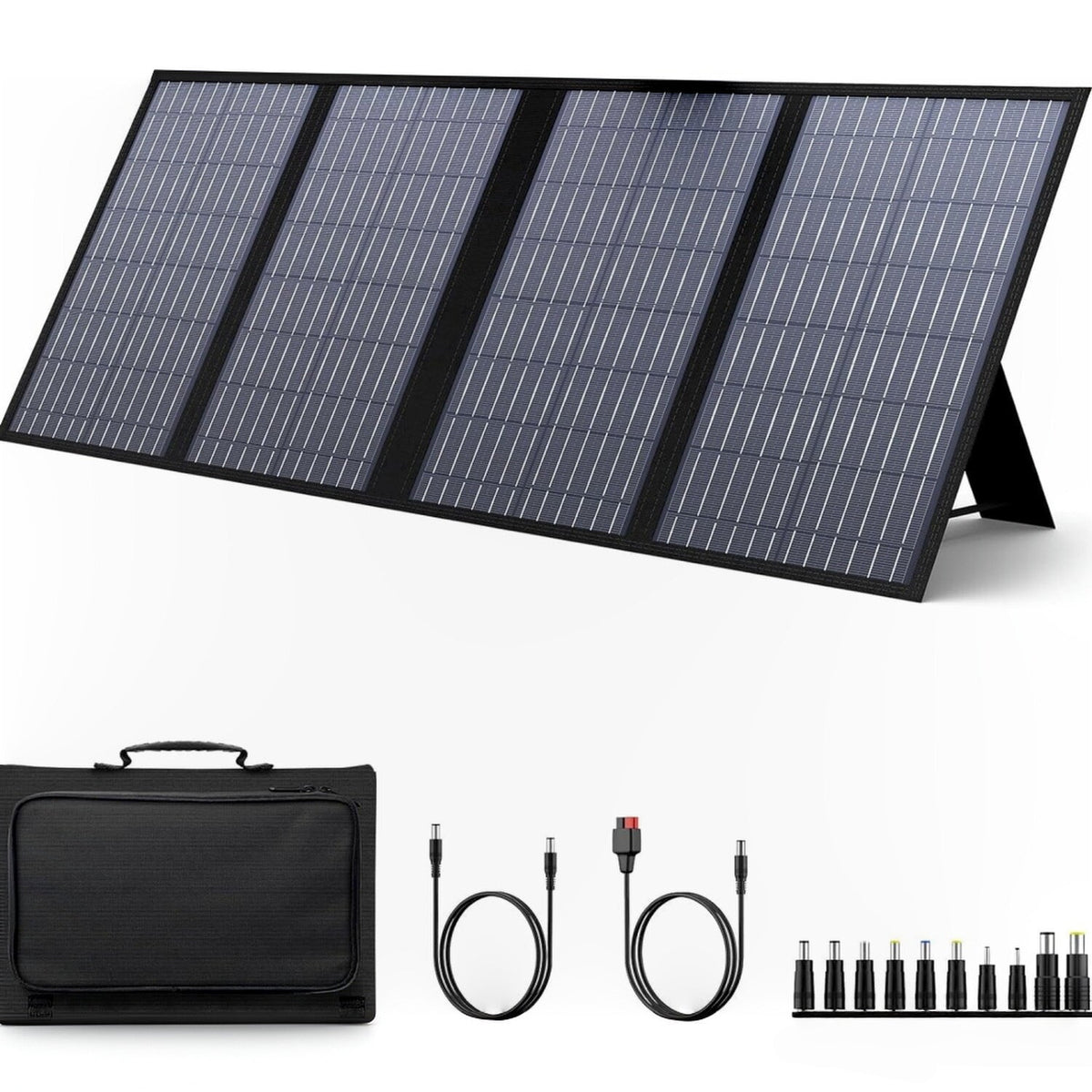 Black fabric four-section solar panel with cables and DC adapter options