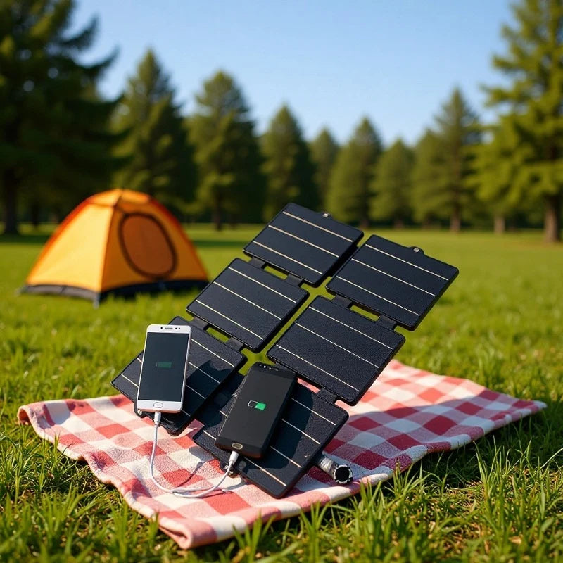 8W / 12W / 15W / 21W / 30W / 36W ETFE foldable solar charger — solar charging during camping demonstration
